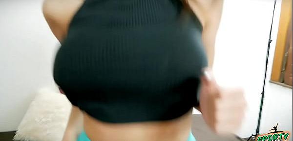 Most Beautiful Teen Exposing Cameltoe and Huge Boobs Working Out in Tight Shorts